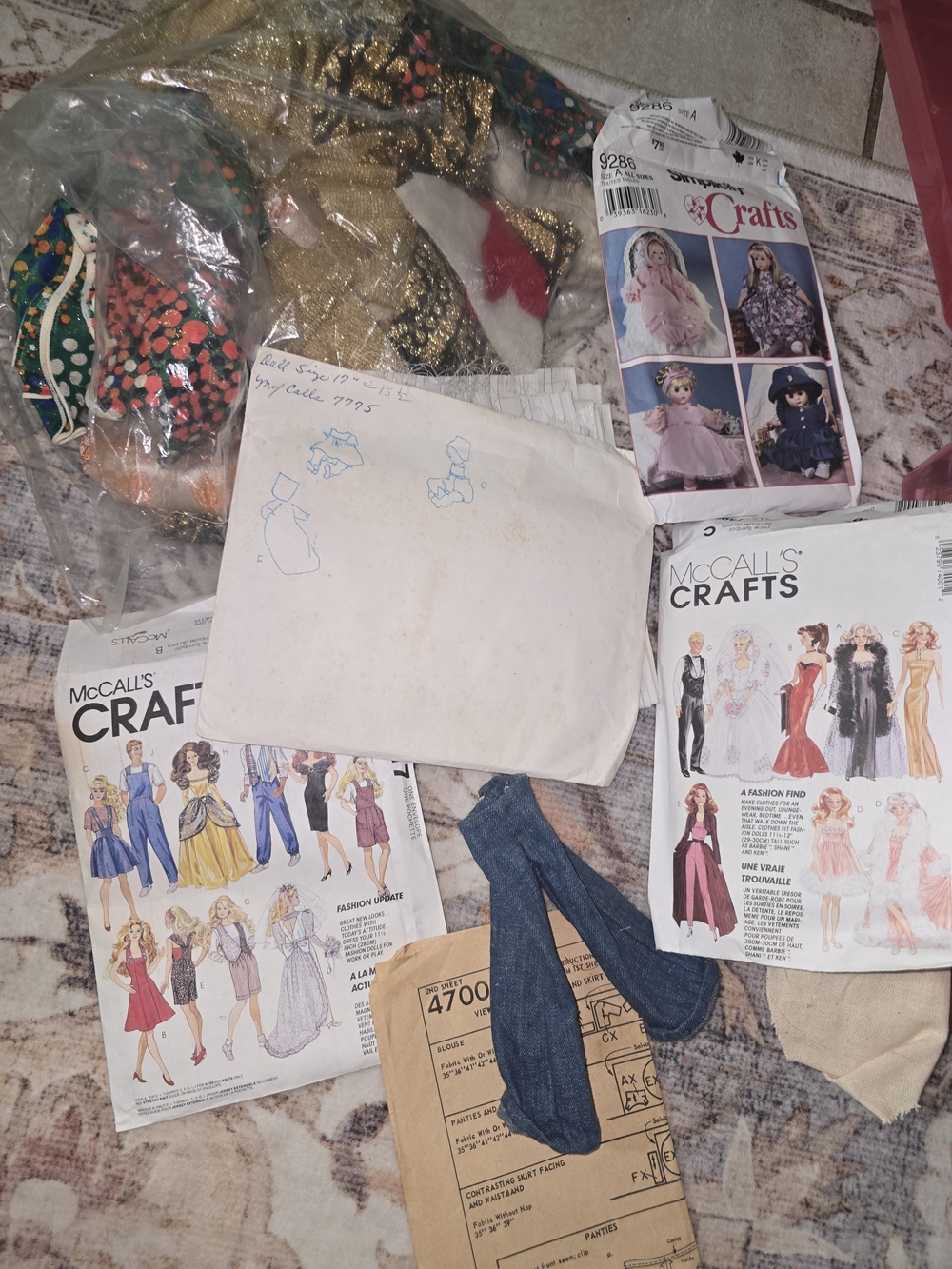 Doll Sewing Pattern Collection with Multicolor Fabric Swatches & Vintage Dolls